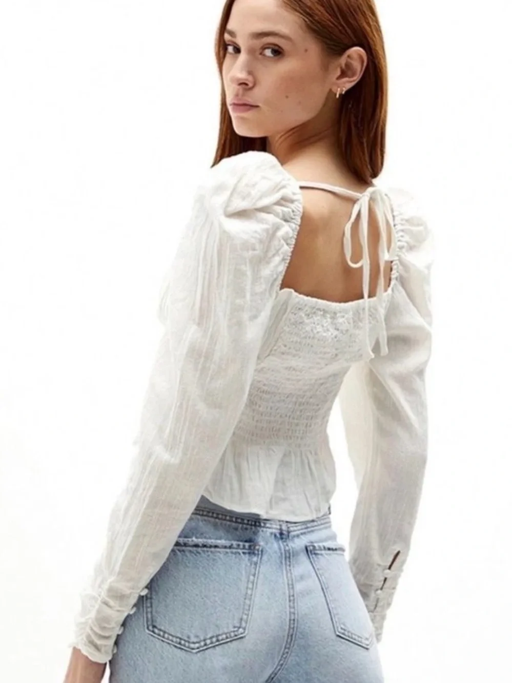 Free People White Ruched Peplum Square-Neck Blouse